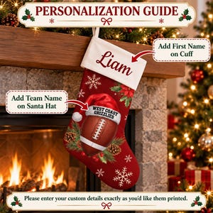 May include: A red Christmas stocking with a white cuff featuring the name Liam in script. The body displays a brown football wearing a Santa hat with the text West Coast Grizzlies, surrounded by pine branches, pinecones, and white snowflakes.
