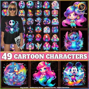 Pacote com mais de 40 designs de personagens de desenho animado em PNG, pacote de aquarela em PNG, glitter colorido em PNG, clipart fofo de princesa, uso comercial, arquivo digital