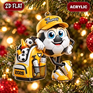 Personalized Soccer Ornament, Custom Name Soccer Ball Mascot Christmas Ornament, 2D Flat Acrylic Sports Gift, Youth Soccer Gift