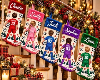 May include: Five personalized Christmas stockings hanging on a staircase railing. Each stocking features a name at the top, a soccer player illustration with a matching jersey number, and a soccer ball pattern on a snowy, festive background.