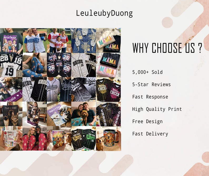 May include: A promotional image showcasing a range of personalized gifts, such as jerseys, t-shirts, blankets, and mugs. The image displays various designs with names, numbers, and photos. Text on the right side reads "WHY CHOOSE US?" with shop details.