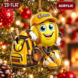 Personalized Softball Ornament, Custom Name Softball Mascot Christmas Ornament, 2D Flat Acrylic Sports Gift, Youth Softball Gift