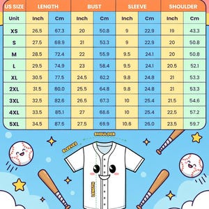 May include: A white baseball jersey with a button-up front, short sleeves, and a smiling face design. The image includes a size chart with measurements in inches and centimetres for length, bust, sleeve, and shoulder sizes, ranging from XS to 5XL.