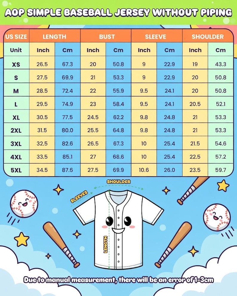 May include: A white baseball jersey with a button-up front, short sleeves, and a smiling face design. The image includes a size chart with measurements in inches and centimetres for length, bust, sleeve, and shoulder sizes, ranging from XS to 5XL.