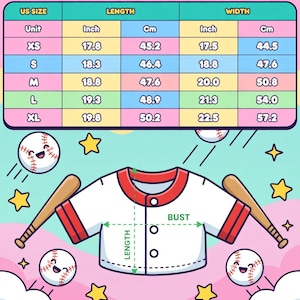 May include: A white and red crop top baseball jersey with a size chart. The chart shows measurements in inches and centimetres for sizes XS to XL. The length of the XS is 45.2 cm. The width of the XL is 57.2 cm. The text says "Crop Top Baseball Jersey".