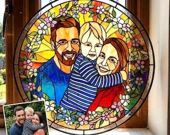 Custom Stained Glass Family Portrait Suncatcher, Personalized Photo Keepsake Window Hanging