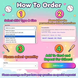 May include: A vibrant graphic detailing the steps to order a custom baseball jersey. Instructions include selecting shirt type and size, providing personalisation details, choosing the quantity, and adding to the cart.