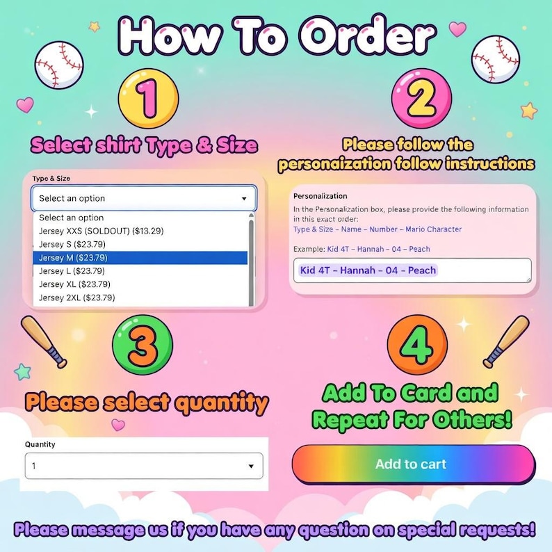 May include: A vibrant graphic detailing the steps to order a custom baseball jersey. Instructions include selecting shirt type and size, providing personalisation details, choosing the quantity, and adding to the cart.