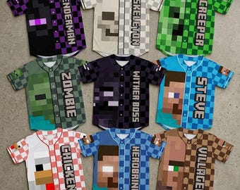 Custom Minecraft Baseball Jersey Name, Minecraft Birthday Shirt, Gamer Squad Outfit, Family Matching Party Gift for Kids Boys, Y2K Jersey