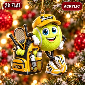 Personalized Tennis Ornament, Custom Name Tennis Ball Mascot Christmas Ornament, 2D Flat Acrylic Sports Gift, Youth Tennis Player Gift
