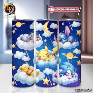 Stripfiguren slapen png, 20 Oz magere beker sublimatieontwerp png, cartoon beker wrap png, slaap op de wolken, digitaal bestand