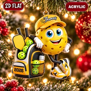 Personalized Pickleball Ornament, Custom Name Pickleball Mascot Christmas Ornament, 2D Flat Acrylic, Pickleball Player Gift for Kids