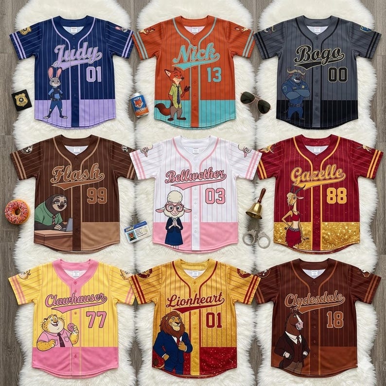 May include: Nine baseball-style jerseys in various colours, each with a character name and number. The jerseys feature illustrations of characters and unique designs. The colours include blue, orange, grey, brown, white, yellow, and maroon.