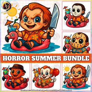 5 Designs Summer Horror PNG Bundle, Hello Summer Png, Cute Horror Clipart, Horror Summer Shirt Design Png, Flamingo Float Png, Digital File