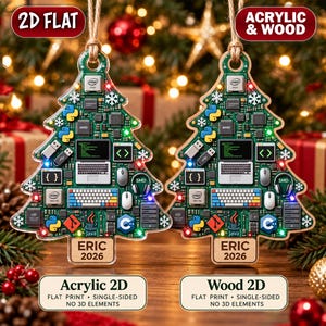 May include: Two flat Christmas tree ornaments made of acrylic and wood, featuring a green circuit board design with tech icons, programming logos, and white snowflakes. Each ornament displays the text ERIC 2026 at the base and hangs from a twine loop.