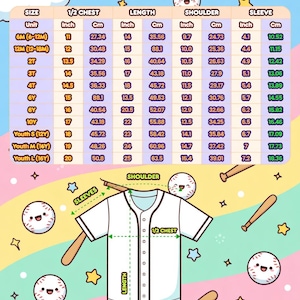 May include: A white baseball jersey with a size chart for children and youth, displaying measurements in both inches and centimetres. The chart details chest, length, shoulder, and sleeve dimensions. The jersey features a button-down design and baseball-themed illustrations.