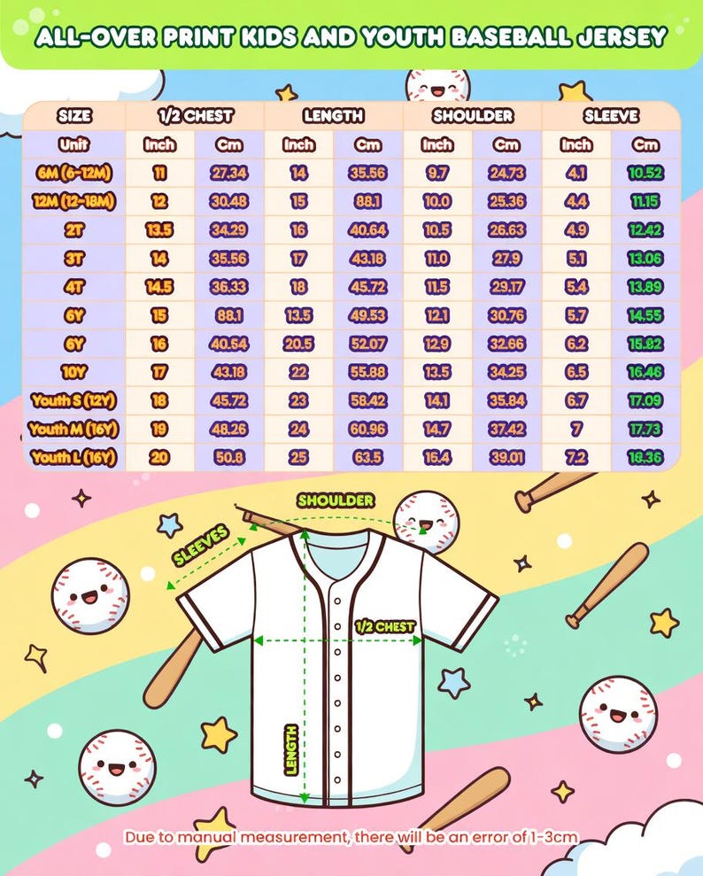 May include: A white baseball jersey with a size chart for children and youth, displaying measurements in both inches and centimetres. The chart details chest, length, shoulder, and sleeve dimensions. The jersey features a button-down design and baseball-themed illustrations.
