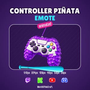 May include: A digital graphic featuring a purple and white video game controller piñata with a light blue baseball bat below it. The text reads CONTROLLER PIÑATA EMOTE animated, with various pixel dimensions and social media icons below.