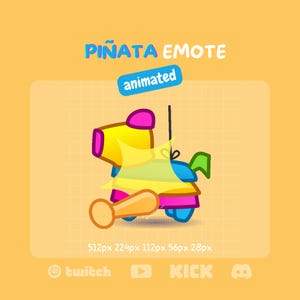 May include: A colorful animated piñata emote illustration. The piñata is primarily yellow, blue, pink, and green, with a tan baseball bat. The text "PIÑATA EMOTE" is above the image, and "animated" is in a blue rectangle.