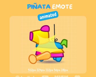 Könnte beinhalten: Eine farbenfrohe, animierte Piñata-Emote-Illustration. Die Piñata ist hauptsächlich gelb, blau, rosa und grün, mit einem beigefarbenen Baseballschläger. Der Text "PIÑATA EMOTE" befindet sich über dem Bild, und "animated" steht in einem blauen Rechteck.