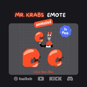 Könnte beinhalten: Animiertes Mr. Krabs Emote-Paket. Das Bild zeigt drei animierte Emotes von Mr. Krabs, der Figur aus Spongebob Schwammkopf. Die Emotes sind in Orange und Schwarz gehalten, mit dem Text "MR. KRABS EMOTE" und "animated" im Bild.