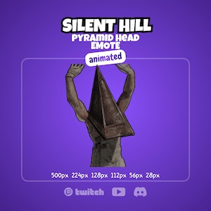 Könnte beinhalten: Animierter Pyramid Head Emote aus Silent Hill. Das Bild zeigt eine Figur mit einem großen, braunen pyramidenförmigen Kopf und einem beigen Outfit. Der Text "SILENT HILL" und "PYRAMID HEAD EMOTE animated" wird auf einem lila Hintergrund angezeigt.