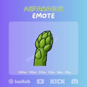 Könnte beinhalten: Digitale Grafik eines grünen Spargelsprosses. Das Bild ist mit "ASPARAGUS EMOTE" in grünem Text beschriftet. Der Hintergrund ist ein Farbverlauf aus Lila und Blau. Das Bild enthält verschiedene Größenoptionen für Streaming-Plattformen.
