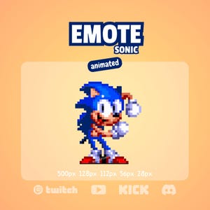 Könnte beinhalten: Animiertes Pixel-Art von Sonic the Hedgehog in Kampfpose. Das Bild zeigt den Text "EMOTE SONIC" in einem blau-weißen Banner, darunter "animated". Der Hintergrund ist ein Orange-Weiß-Verlauf, mit Social-Media-Symbolen unten.