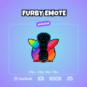 Könnte beinhalten: Ein pixeliger Furby-Emote mit einem Regenbogenkörper und schwarzen Haaren. Der Text "FURBY EMOTE" steht oben, mit "animated" in einem lila Oval. Das Bild enthält Twitch-, YouTube-, Kick- und Discord-Logos.