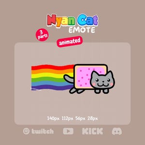 Puede incluir: Emoticono animado de Nyan Cat con un gato gris y un cuerpo de Pop-Tart, dejando un rastro de arcoíris. Incluye el texto "Nyan Cat EMOTE" y "animated". Las dimensiones de la imagen son 140px x 112px x 56px x 28px.