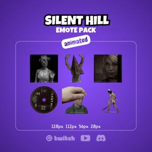 Könnte beinhalten: Ein lila Grafik mit dem Text "SILENT HILL EMOTE PACK animated". Das Bild zeigt sechs animierte Emotes aus der Videospielserie Silent Hill, darunter Charaktere und Bilder aus dem Spiel. Social-Media-Symbole sind ebenfalls enthalten.