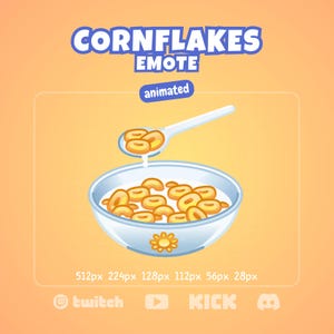 Könnte beinhalten: Animierte Grafik "Cornflakes Emote". Eine weiße Schüssel mit Müsli und Milch, ein Löffel, der Müsli einfüllt, und der Text "CORNFLAKES EMOTE animated" in Blau und Weiß. Der Hintergrund ist orange.