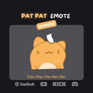 Könnte beinhalten: Ein orangefarbener, cartoonartiger Charakter in Katzenform mit einem weißen Horn, beschriftet mit "PAT PAT EMOTE" und "animated". Das Bild enthält Größenangaben und Logos von Social-Media-Plattformen für Twitch, YouTube, Kick und Discord.