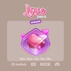 May include: A digital graphic for a "Love Emote", featuring a pink heart within a diamond-shaped frame. The word "Love" is written in pink script above, with the word "animated" below. The design is in shades of pink and purple.
