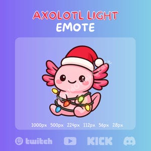 May include: A cartoon axolotl wearing a Santa hat and wrapped in Christmas lights. The axolotl is pink with pink frills and black eyes. The text "AXOLOTL LIGHT EMOTE" is at the top of the image. The image is set against a gradient background.