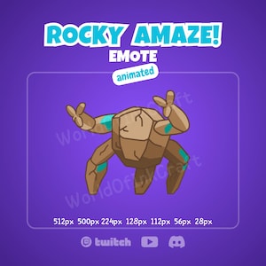 May include: A digital graphic featuring a brown, rock-like creature with teal accents making a peace sign with both hands. The text reads ROCKY AMAZE! EMOTE animated, with a list of pixel dimensions 512px 500px 224px 128px 112px 56px 28px below.
