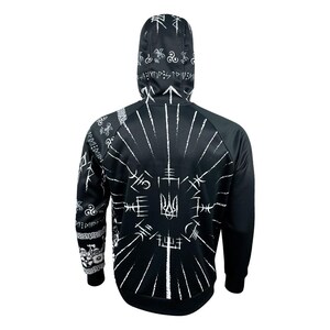 May include: Black hooded sweatshirt with a white design featuring a sunburst pattern, Ukrainian symbols, and other abstract designs.