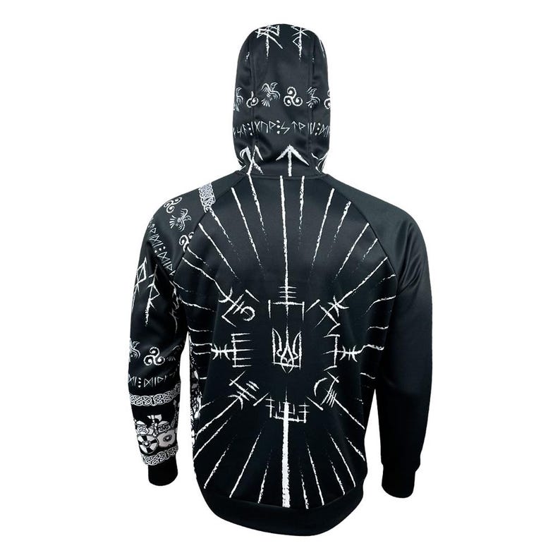 May include: Black hooded sweatshirt with a white design featuring a sunburst pattern, Ukrainian symbols, and other abstract designs.