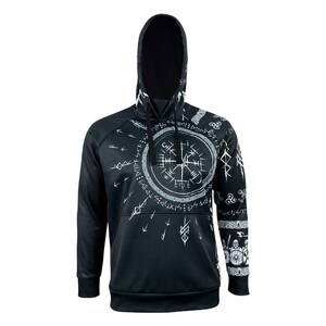 May include: Black hooded sweatshirt with a white compass design and runes on the sleeves.