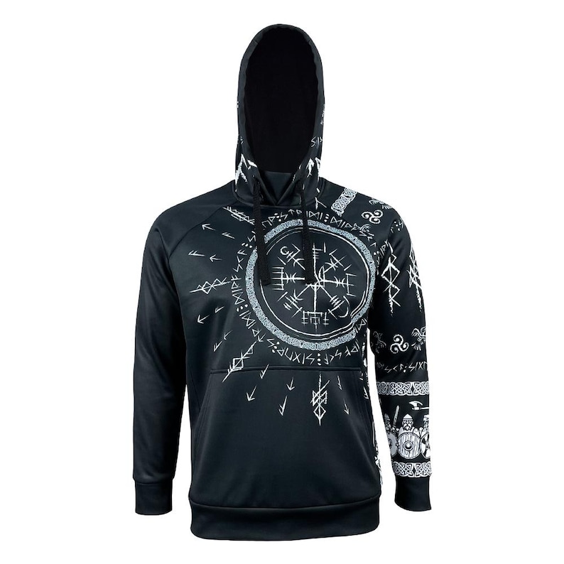 May include: Black hooded sweatshirt with a white compass design and runes on the sleeves.