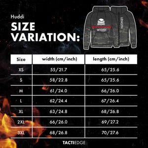 May include: Size chart for a hooded sweatshirt with a camouflage pattern. The chart shows the width and length of the sweatshirt in centimeters and inches for sizes XS to 3XL.