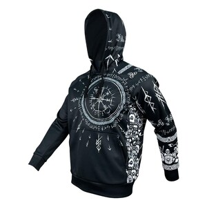 May include: Black hooded sweatshirt with a white compass and runes design. The hoodie has a drawstring hood and a kangaroo pocket.