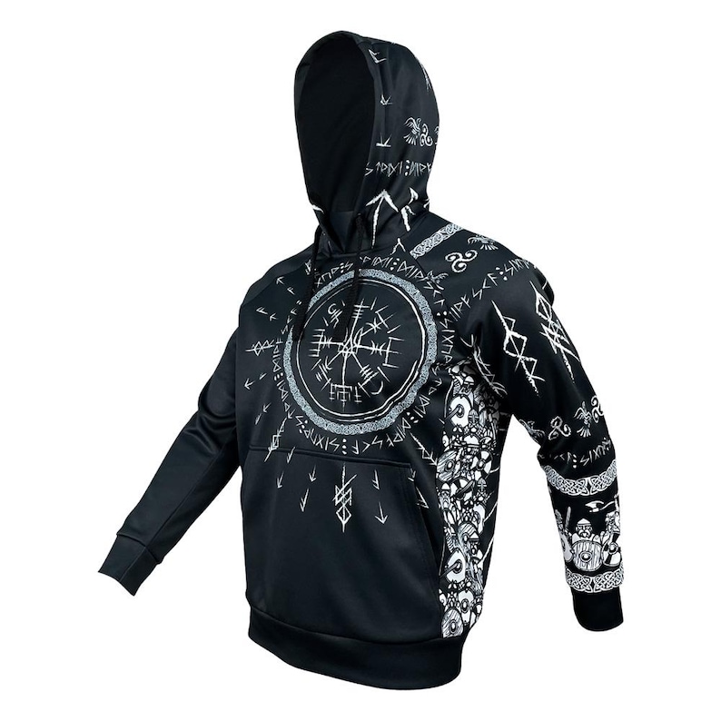 May include: Black hooded sweatshirt with a white compass and runes design. The hoodie has a drawstring hood and a kangaroo pocket.