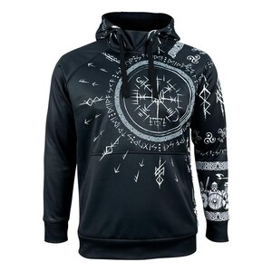May include: Black hooded sweatshirt with a white print of a compass and runes. The print covers the front and one sleeve.
