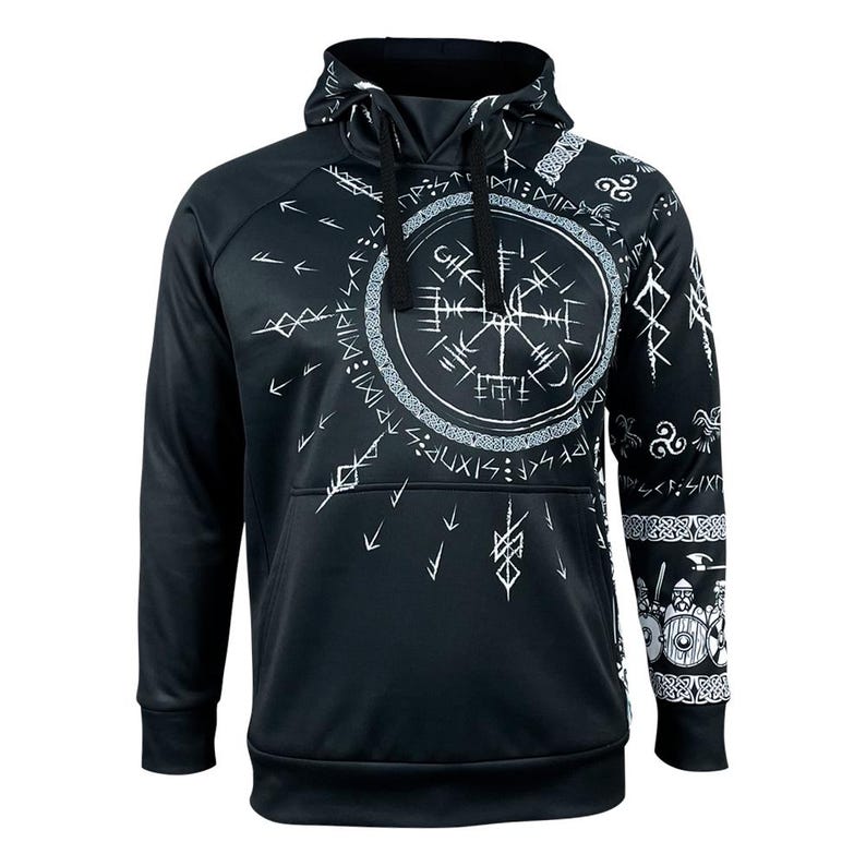 May include: Black hooded sweatshirt with a white print of a compass and runes. The print covers the front and one sleeve.