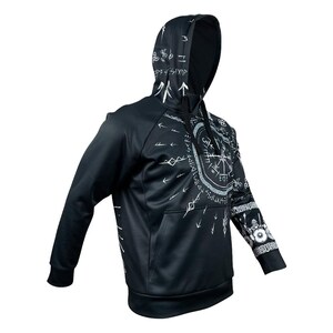 May include: Black hooded sweatshirt with a white print of a compass and runes. The print covers the entire front and one sleeve.