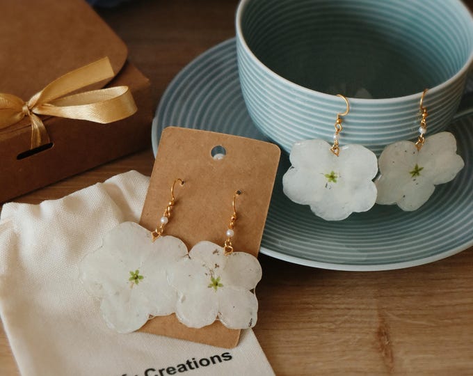 Featured listing image: Real White Hydrangea Earrings – Handmade Resin Flower Earrings – Wedding guest Jewelry, Wedding guest Earrings, Florify Creations