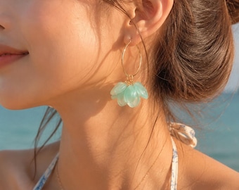 Real Hydrangea Floral Creole Earrings, Aqua Blue Flower Hoop Earrings, Statement Summer Jewelry, Handmade Resin Floral Earrings