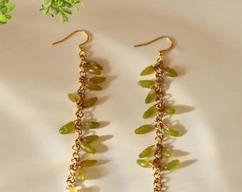 Long earrings made of real green rice | Natural boho style | Lightweight & elegant statement earrings