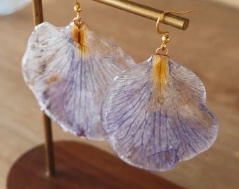 Large Real Iris Petal Earrings – Botanical Resin Jewelry, Statement Floral Earrings, Handmade Nature Gift, Unique Lightweight Drop Earrings